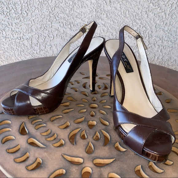 ABS Brown Leather Peep Toe Sling Back High Heeled Shoes Sz 7.5B - Picture 8 of 11